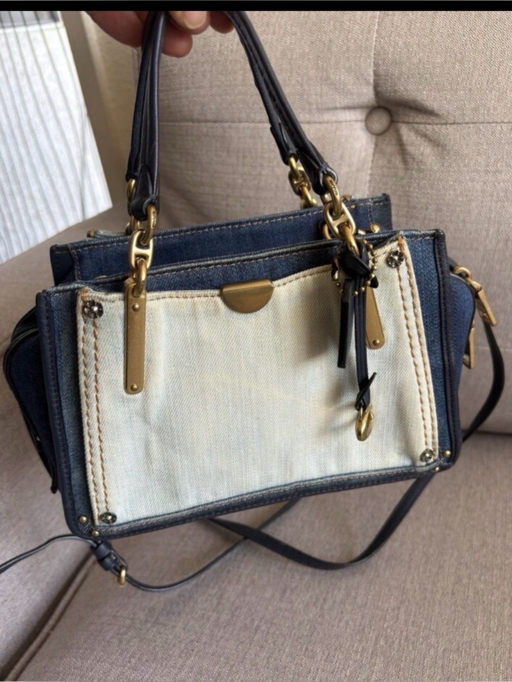 Coach Navy and Cream Denim Crossbody Satchel